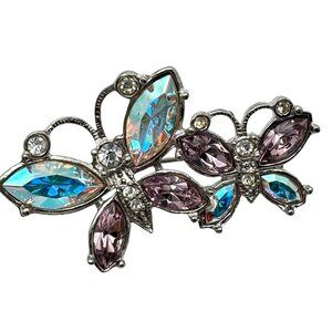 Elegant Lilac & AB Rhinestone Silver-Toned Butterfly Brooch Pin